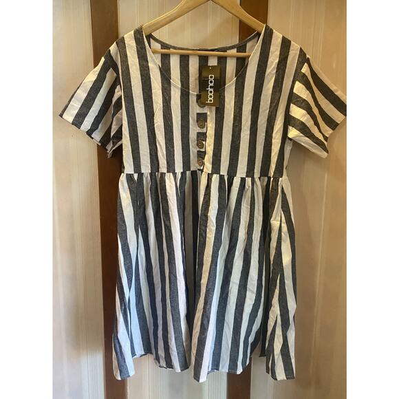 NWT Italy Boohoo Dress Linens Look Women’s Size 18 Blue Stripe - Picture 1 of 10